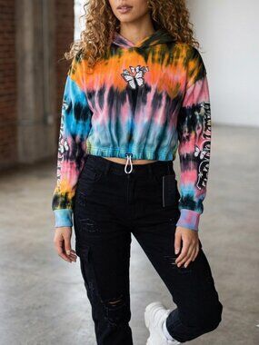 NWT Faded Rose Tie Dyed Graphic Medium Hoodie Angel Butterfly Gothic Boho